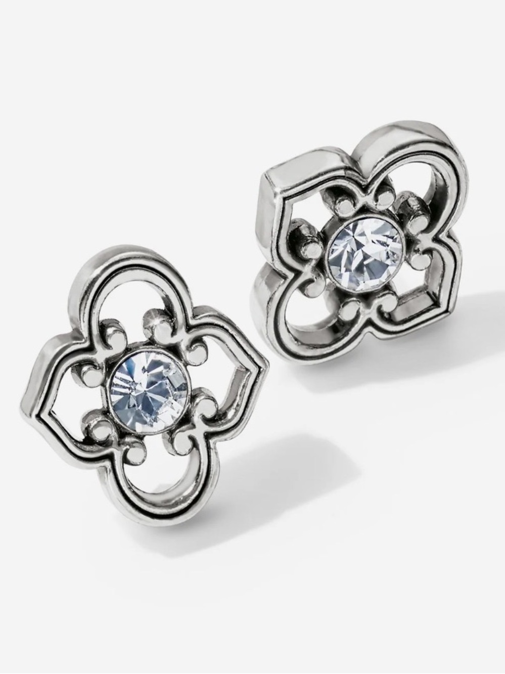 Crystal-Accent Filigree Stud Earrings - Silver